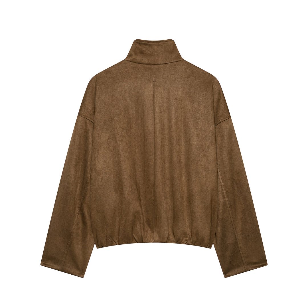 Damen Kurze Wildlederoptik-Fieldjacke mit Stehkragen, Pattentaschen und Schulterklappen Drune