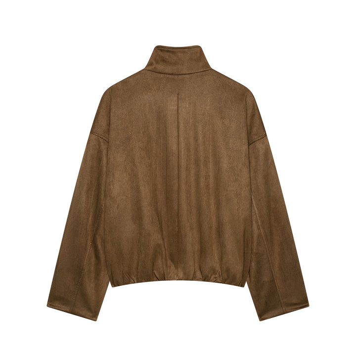 Damen Kurze Wildlederoptik-Fieldjacke mit Stehkragen, Pattentaschen und Schulterklappen Drune