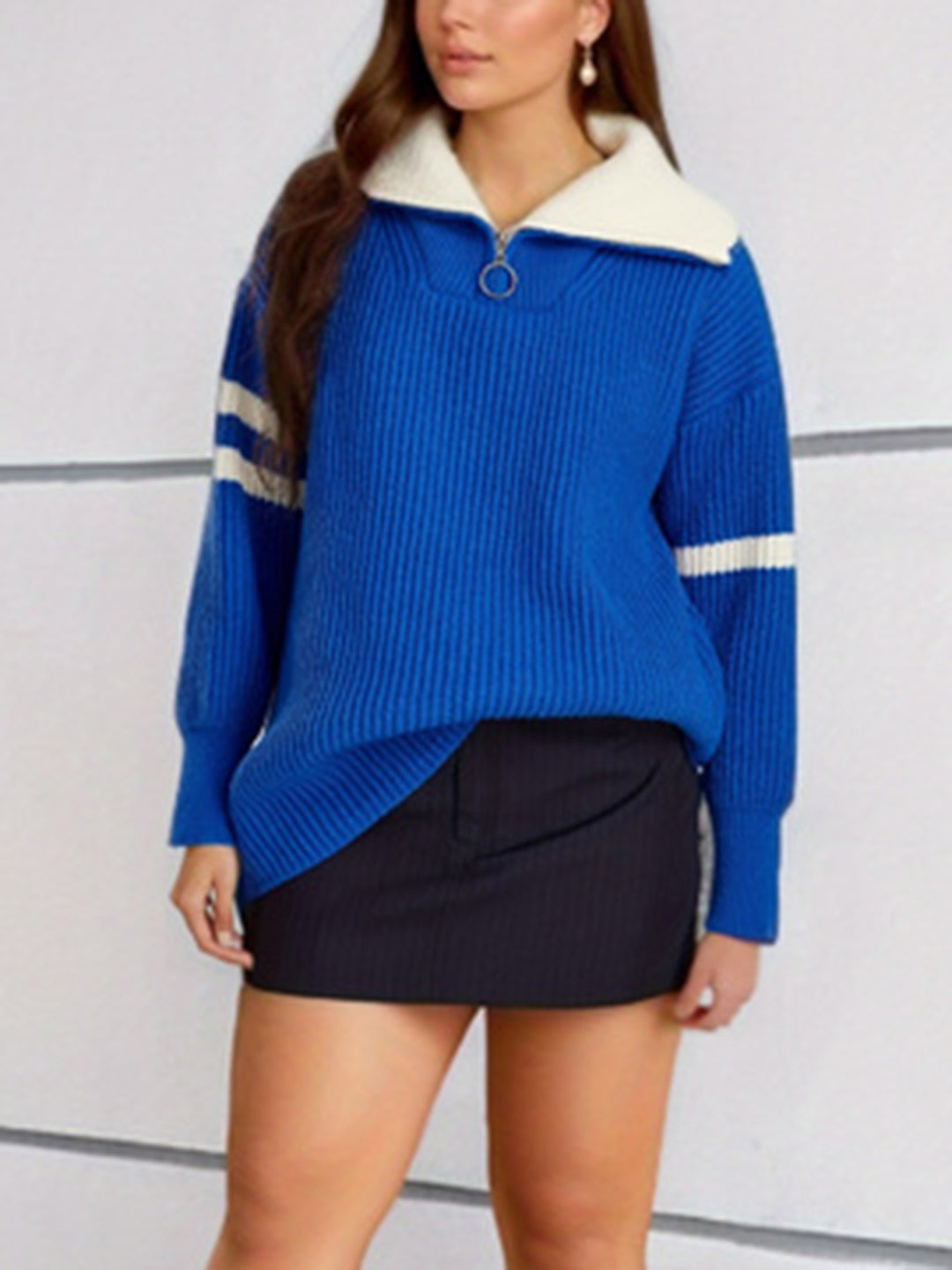 Damen lässiger Strickpullover mit Stehkragen und dekorativen Streifen Drune