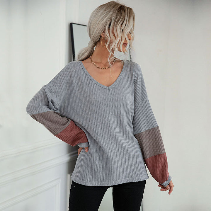 Damen Legeres Waffelstrick-Tunika-Shirt mit V‑Ausschnitt und Colorblock-Ärmeln Drune
