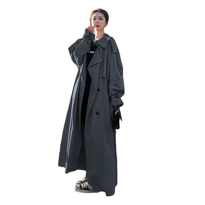 Damen Oversize-Trenchmantel mit Ballonärmeln, doppelreihiger Knopfleiste und Taillengürtel Drune