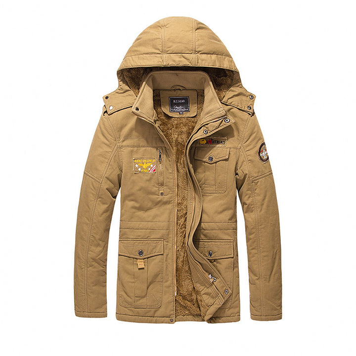 Herren Militärinspirierter Canvas-Parka mit Teddyfutter, abnehmbarer Kapuze und Utility-Taschen Drune