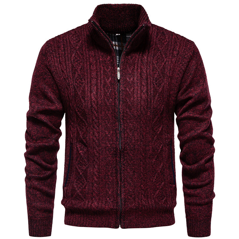 Herren nan grobgestrickter Cardigan mit Zopfmuster, Stehkragen und kariertem Innenfutter Drune