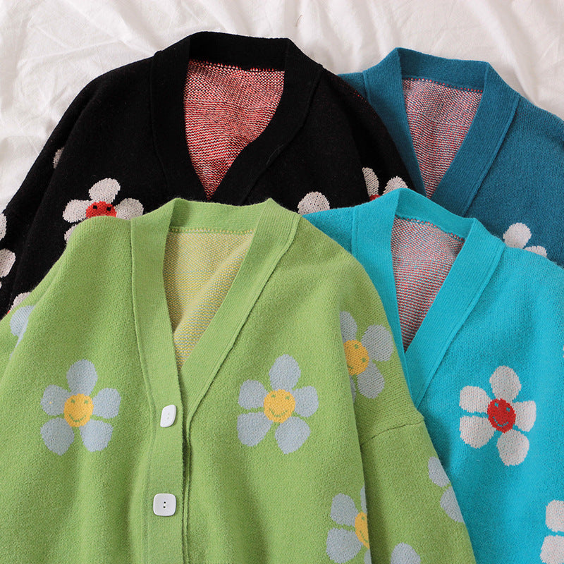 Damen Gemusterter Knopfcardigan mit Blumenmotiv Drune
