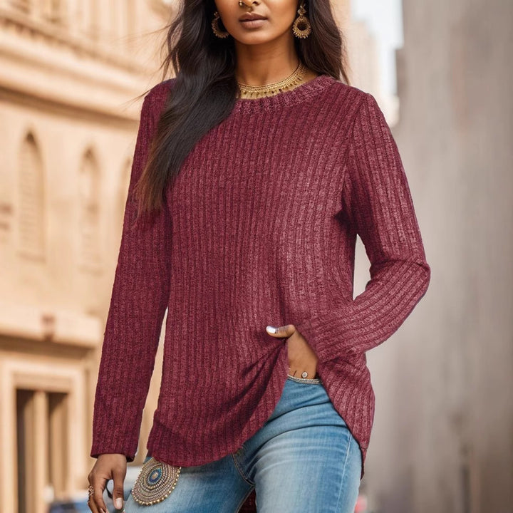 Damen Geripptes Feinstrick-Longsleeve mit Rundhalsausschnitt und asymmetrischem Saum Drune