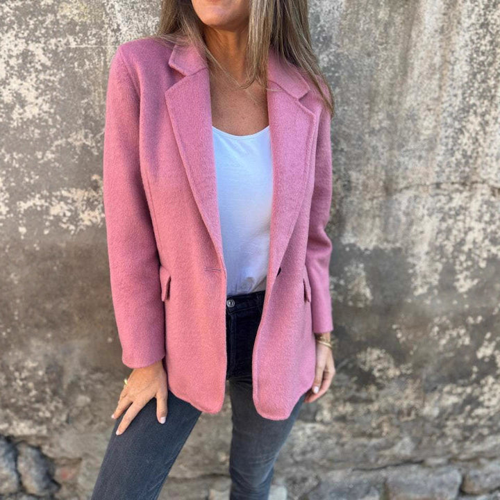 Damen nan taillierter Kurzmantel-Blazer aus Bouclé mit Reverskragen, aufgesetzten Pattentaschen und Ein-Knopf-Verschluss Drune