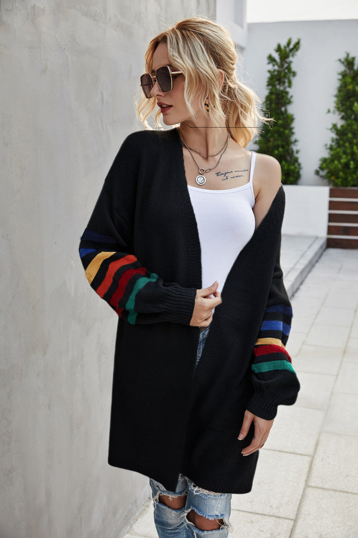 Drune | Strickjacke Offene Front Langer Entspannter Schnitt Farbgestreifte Ärmel