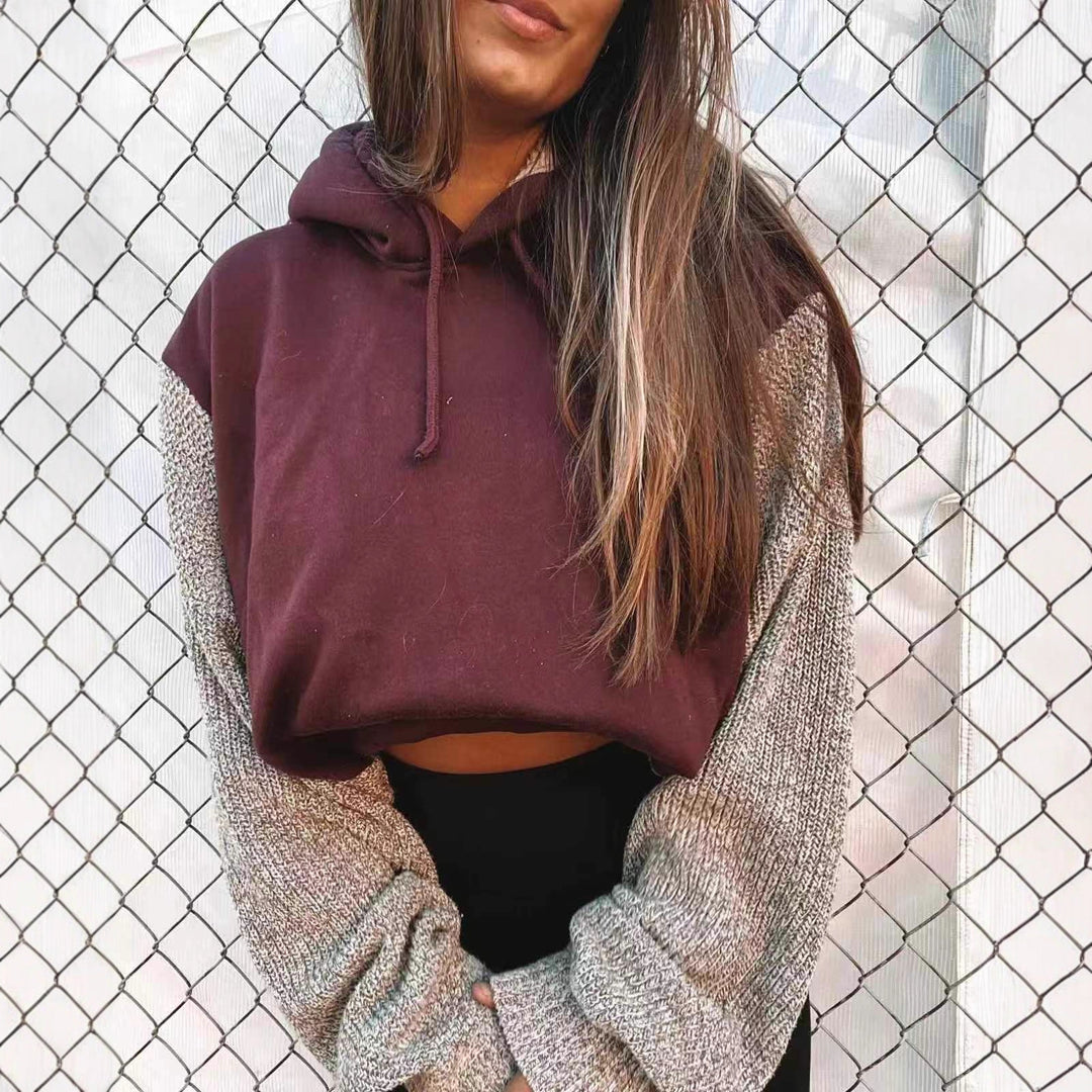 Damen nan Kapuzen-Cropped-Pullover mit weitgeschnittenen Strickärmeln und Kordelzug Drune