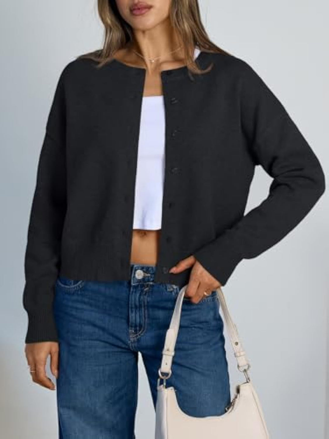 Damen Cropped Strickjacke im Boxy‑Schnitt mit Rundhals und Rippbündchen Drune