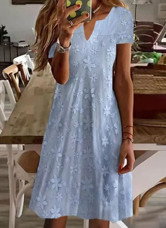 Damen Freizeitkleid mit floralem Stickdesign und V-Ausschnitt Drune