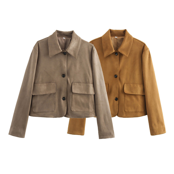Damen nan cropped Hemdblouson aus Mikrofaser‑Velours mit großen Klappentaschen Drune