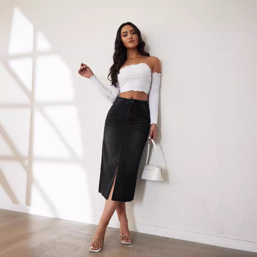 Damen Midi Jeansrock mit seitlichem Schlitz Drune