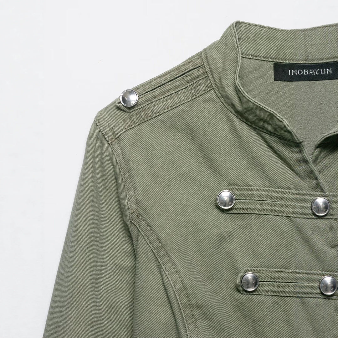 Damen Kurzgeschnittene Military-Jacke mit Stehkragen, Zierknopfleiste und taillierter Silhouette Drune