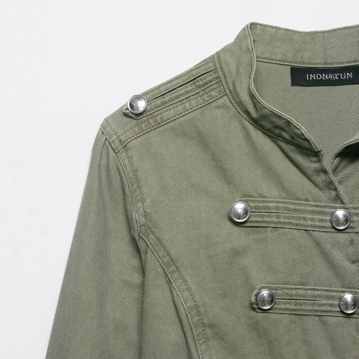 Damen Kurzgeschnittene Military-Jacke mit Stehkragen, Zierknopfleiste und taillierter Silhouette Drune