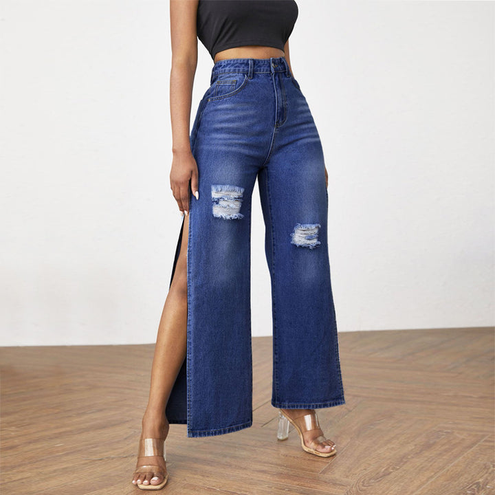Damen hochgeschnittene Jeans mit weitem Bein, Knie-Rissen und seitlichen Beinschlitzen Drune