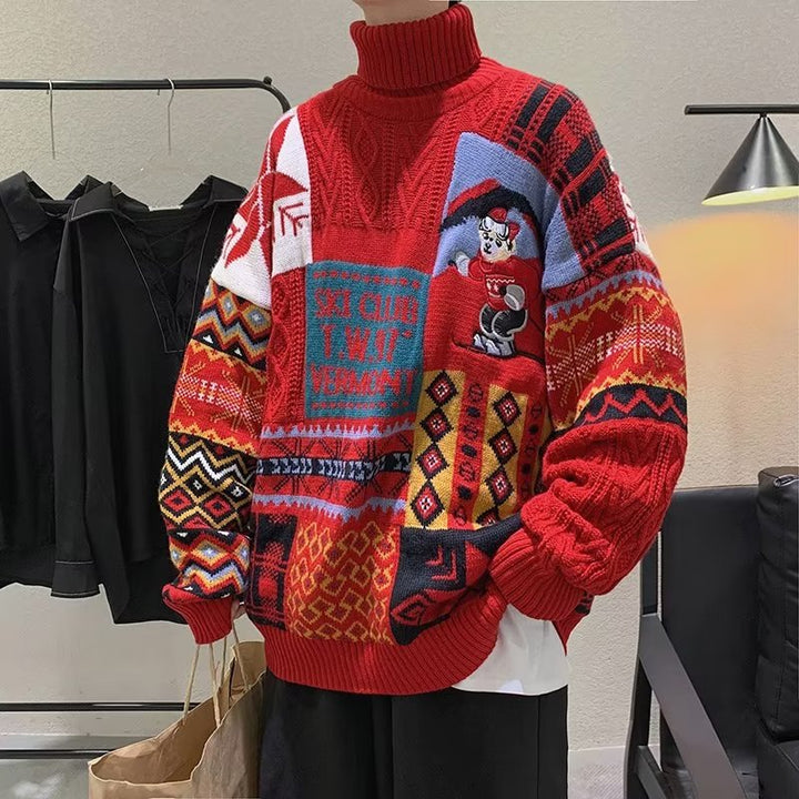 Damen modischer Oversized-Pullover mit kreativem Muster und hohem Kragen Drune