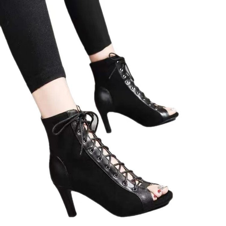 Damen Offene-Zehen Schnürstiefelette mit Wildleder-Optik und Stiletto-Absatz Drune