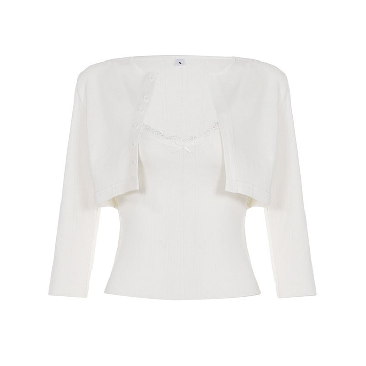 Damen Zweiteiliges Feines Bolero-Set mit Spitzen-Cami und Knopfleisten-Cardigan Drune