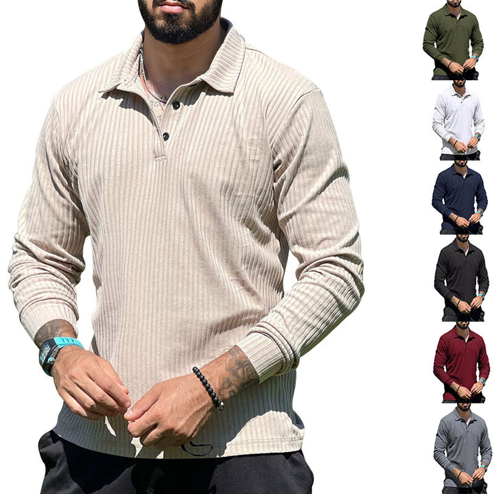 Herren nan geripptes Langarm-Poloshirt mit Henley-Knopfleiste und elastischem Baumwollstretch Drune