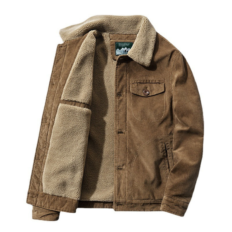 Herren Cordjacke mit Sherpa-Innenfutter, Hemdkragen und Taschen-Detail Drune