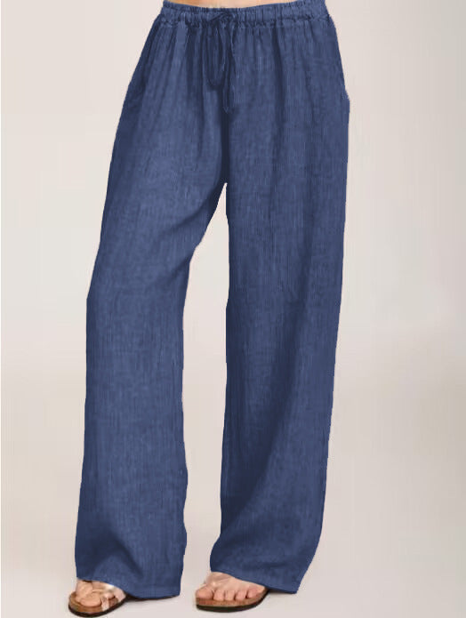 Damen Weite Leinenhose mit elastischem Bund und Seitentaschen Drune