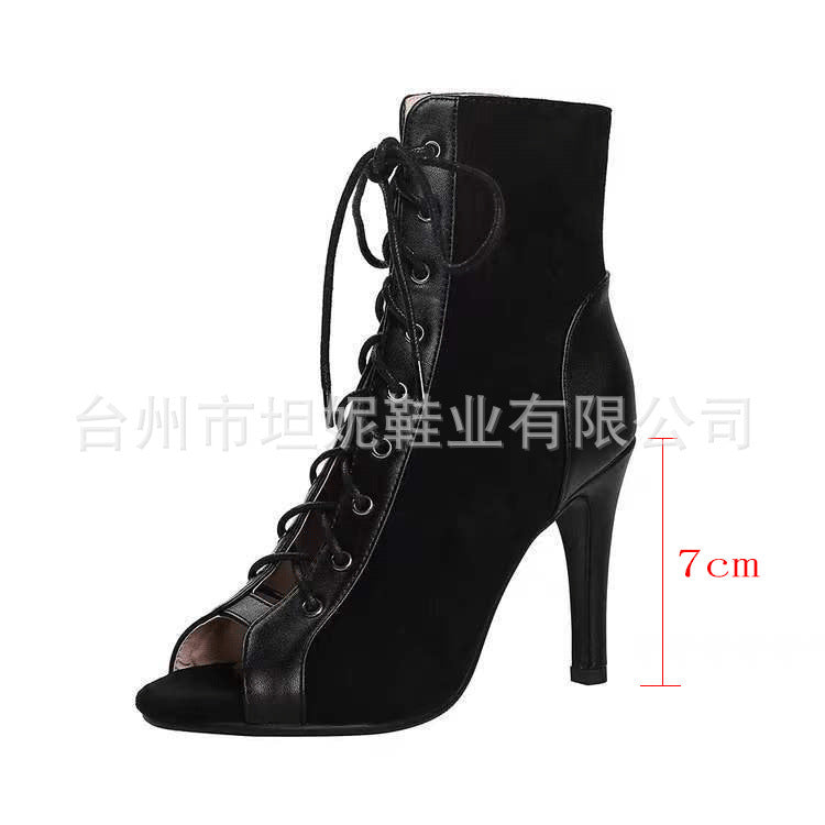 Damen Offene-Zehen Schnürstiefelette mit Wildleder-Optik und Stiletto-Absatz Drune