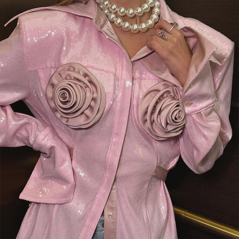 Damen Glamouröse Bluse mit 3D-Rosenapplikationen und Glitzer Drune