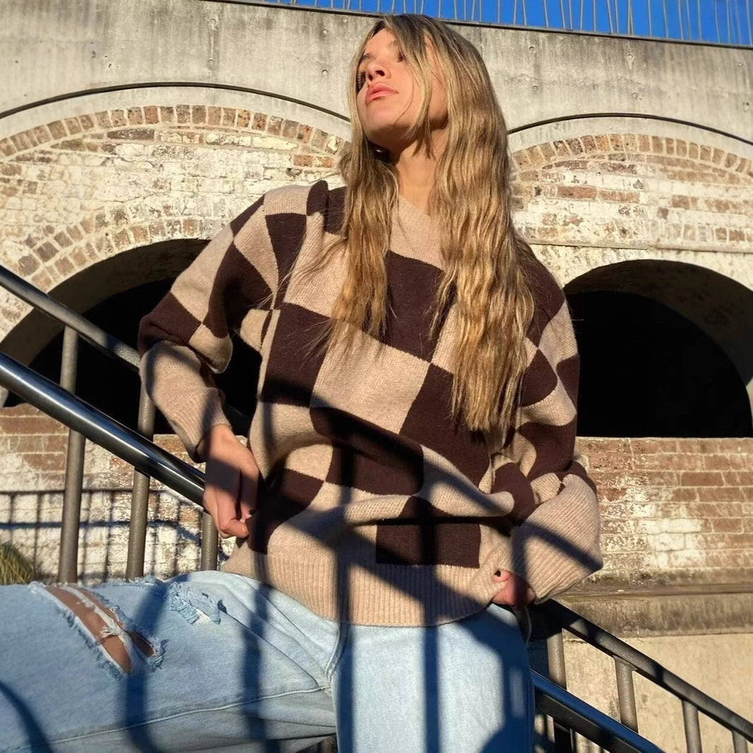 Damen modischer Pullover mit grafischem Karomuster und Rundhalsausschnitt Drune