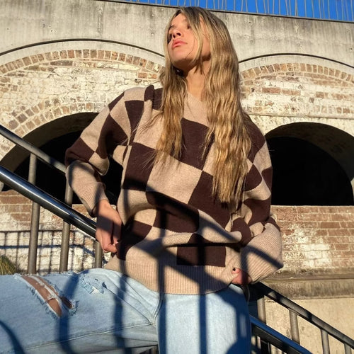 Damen modischer Pullover mit grafischem Karomuster und Rundhalsausschnitt Drune