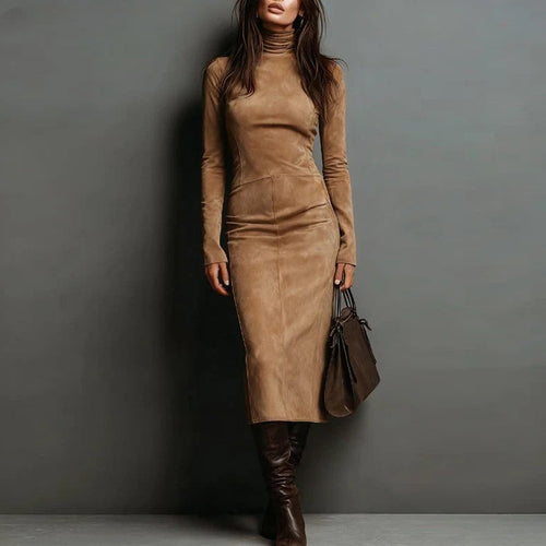 Damen Tailliertes Midi Kleid im Samt-Look mit Rollkragen und maßgeschneiderter Silhouette Drune