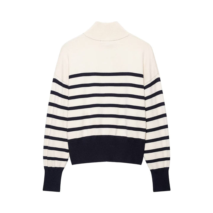 Damen Gestreifter Feinstrick-Pullover mit Stehkragen und Halbzip Drune
