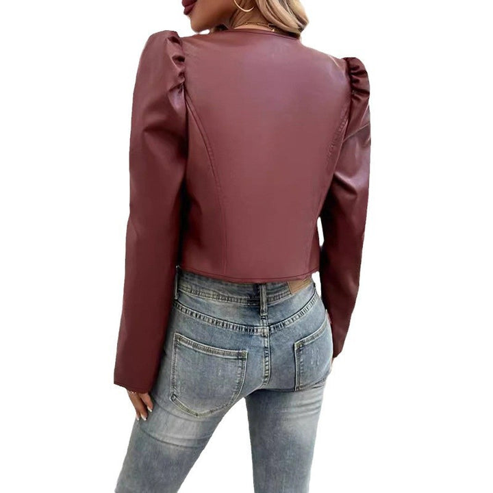 Damen Modische Kunstlederjacke mit Puffärmeln und kurzem Schnitt Drune