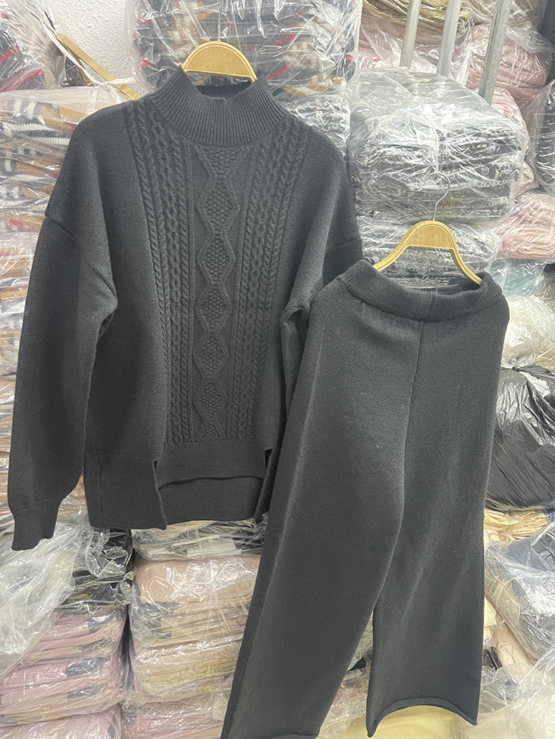 Damen eleganter Strickanzug mit hohem Kragen und farbenfrohem Muster Drune