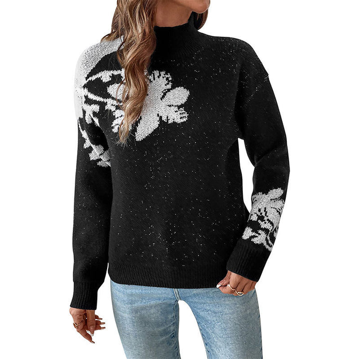 Damen Floraler Intarsia-Strickpullover mit Stehkragen und lockerer Silhouette Drune