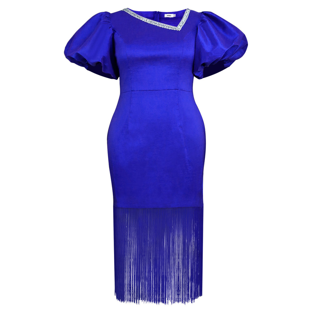 Damen figurbetontes Kleid mit voluminösen Puffärmeln und Fransen Drune