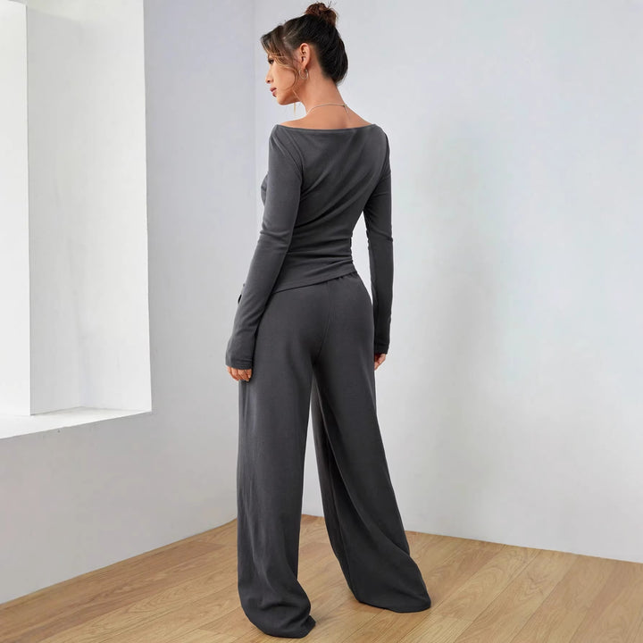 Damen Lässiges Two‑Piece Lounge‑Set mit U‑Boot‑Ausschnitt, taillierter Drapierung und weitem Palazzohose Drune