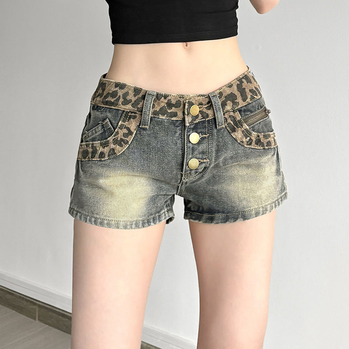 Damen Leoprint Denim-Shorts mit Knopfdetails und elastischem Bund Drune