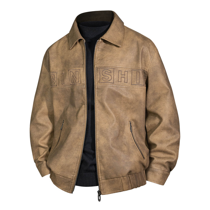 Herren Veloursleder-Optik Bomberjacke mit aufgesetztem Logo und Reißverschluss Drune
