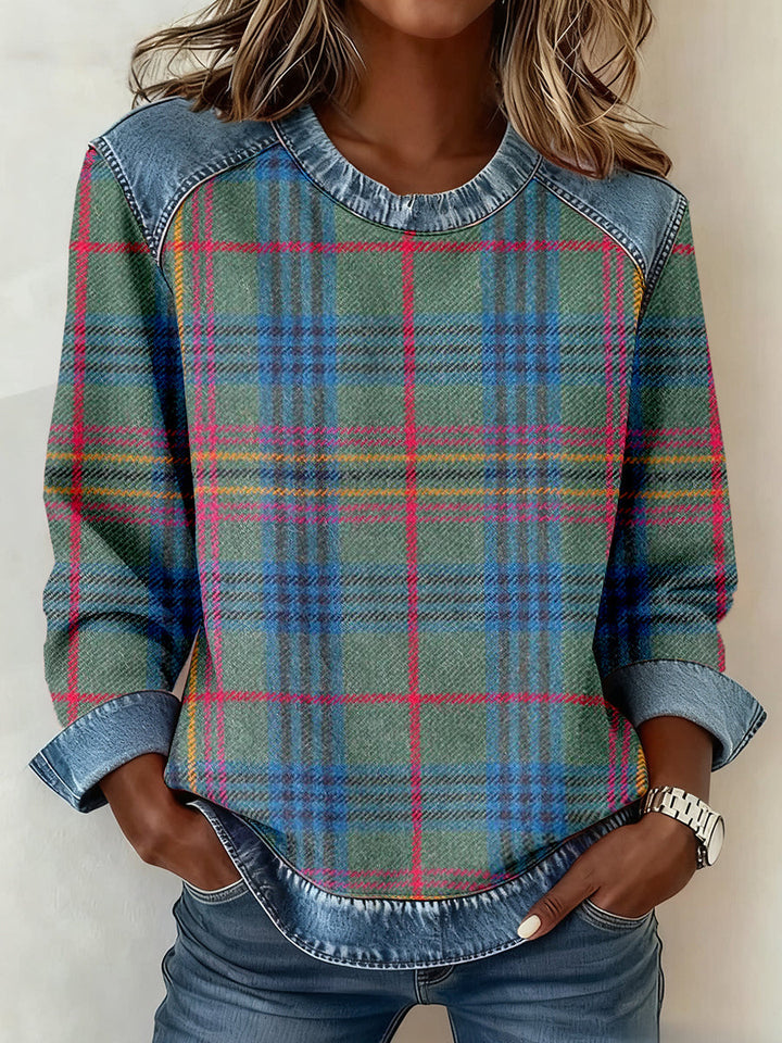 Damen nan gerippter Strickpullover mit Jeanskragen und Knopfleiste Drune