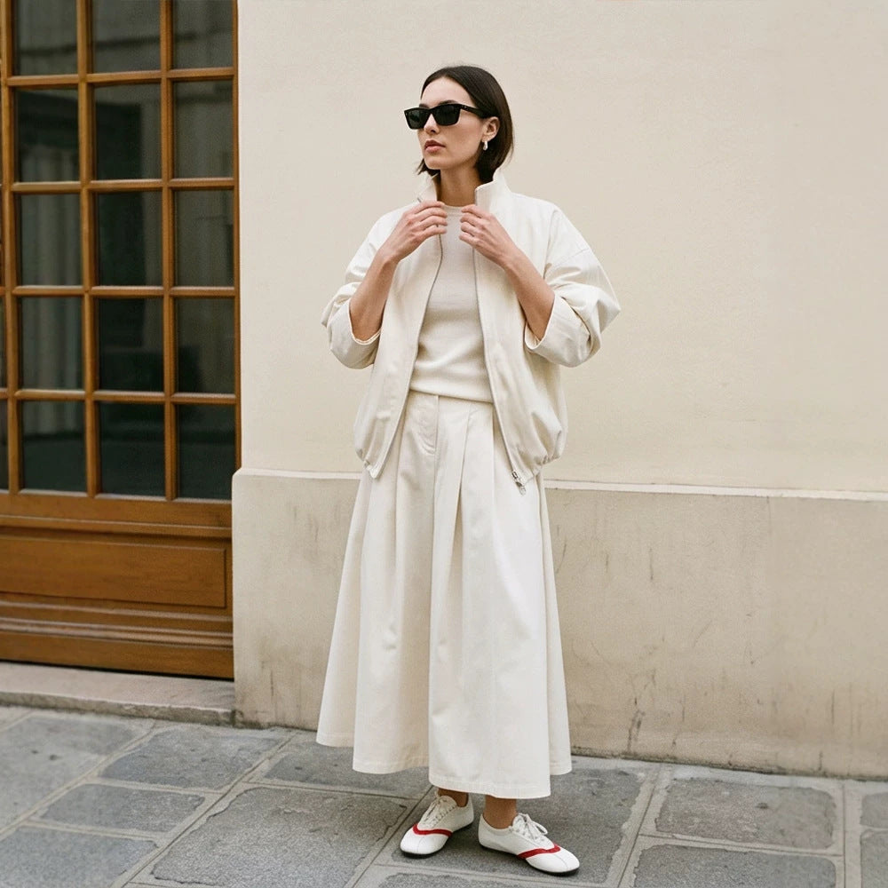 Damen Oversize Cropped-Blouson mit Tunnelzug und fließendem Maxi‑Rock mit Beinschlitz Drune