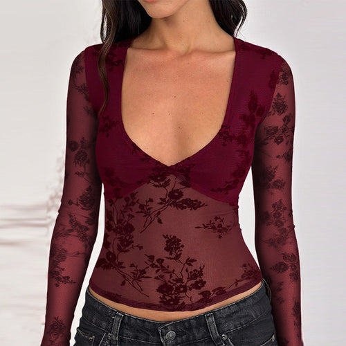 Damen Spitzenoberteil mit tiefem V-Ausschnitt und floralem Design Drune