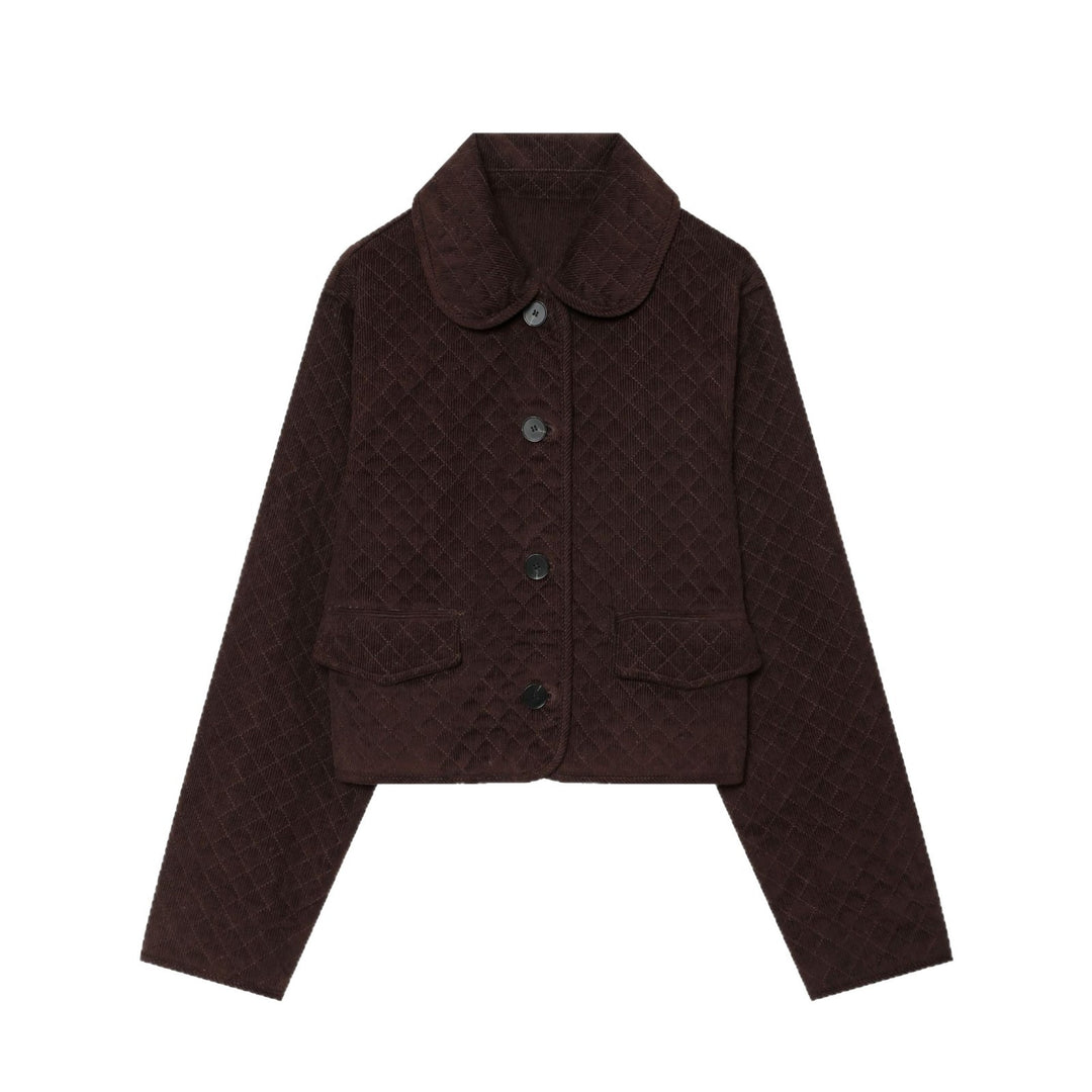 Damen Cropped gesteppte Cordjacke mit abgerundetem Kragen und Pattentaschen Drune