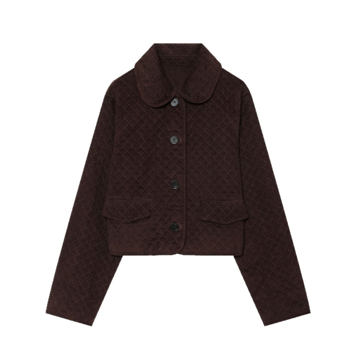 Damen Cropped gesteppte Cordjacke mit abgerundetem Kragen und Pattentaschen Drune