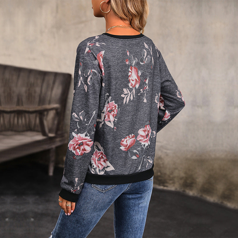 Damen Lässiges Raglan-Sweatshirt mit floralem Print und Rippbündchen Drune