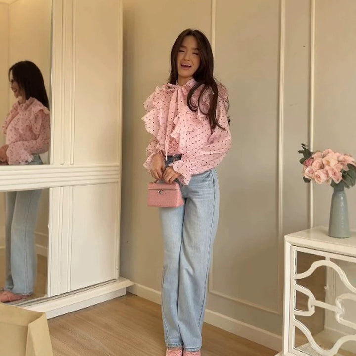 Damen Volant-Bluse mit Schleifenkragen und Punktemuster Drune