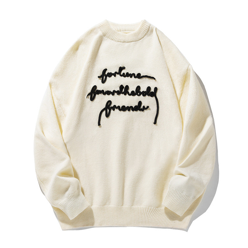 Unisex Feiner Oversize-Strickpullover mit 3D-Skriptstickerei Drune