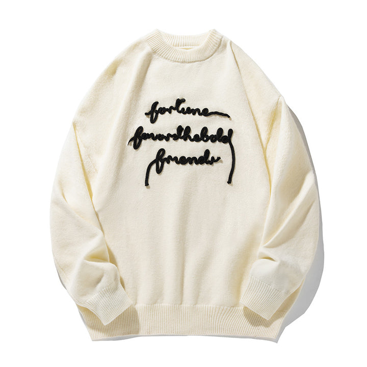 Unisex Feiner Oversize-Strickpullover mit 3D-Skriptstickerei Drune