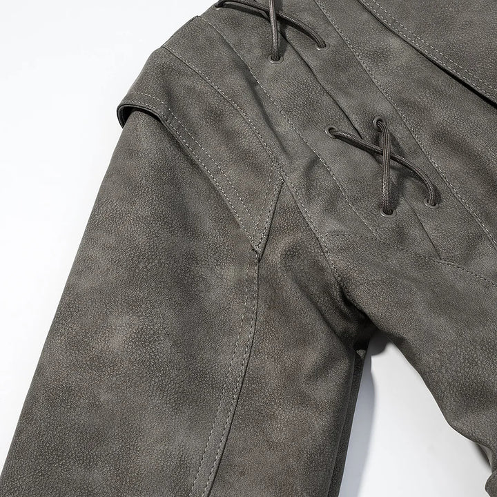 Damen nan kurzjacke Veloursoptik mit Schalkragen Taillengürtel und Schnürdetail Drune