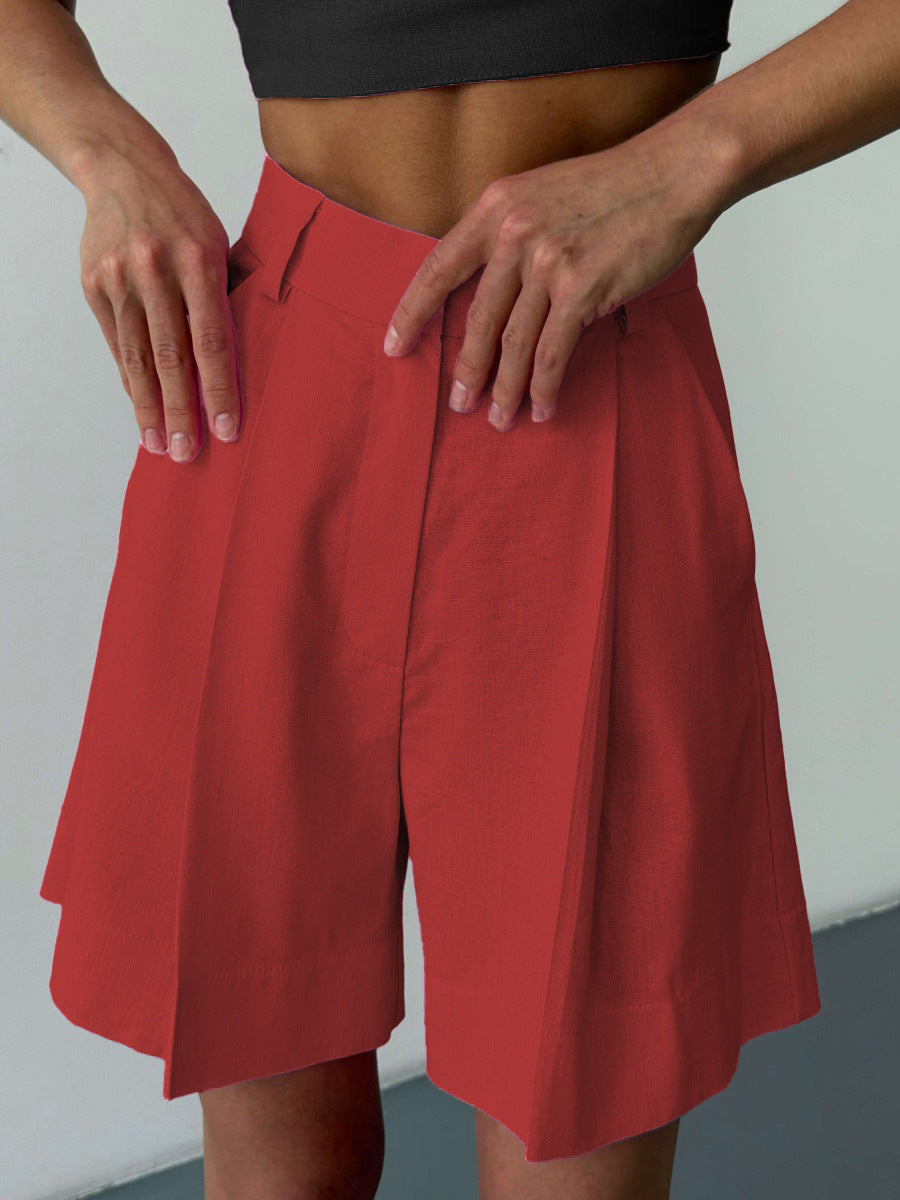 Drune | Damen Shorts Einfarbig Reißverschluss Tasche Gerade Shorts