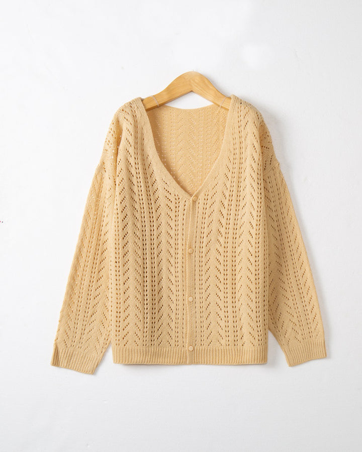 Damen Leichte Ajour-Strickjacke mit tiefem V-Ausschnitt und Knopfleiste Drune